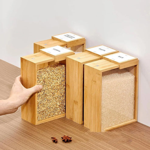 Bamboo Wooden Grain lid Storage Glass Container
