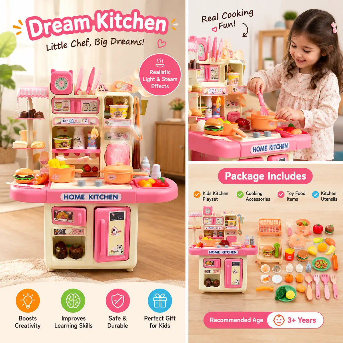 Inbealy® | Kids DIY Dream Kitchen Playset with Lights & Steam