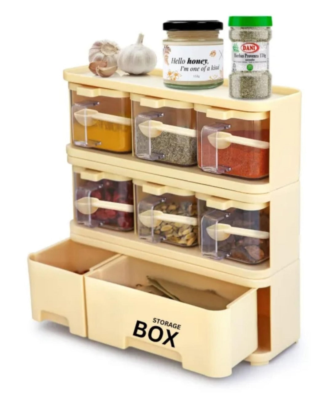 Storage Box Spice Rack (6 or 9 Spice Box Set) with Spoons