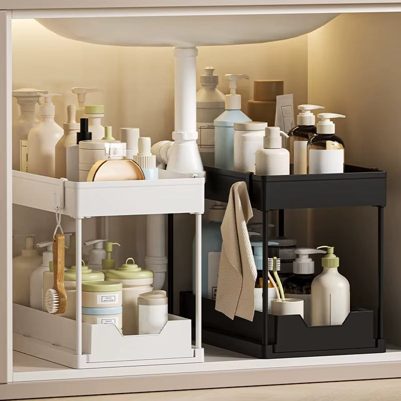 Tier Under Sink Organizer Rack with Sliding Storage (Bathroom & Kitchen)