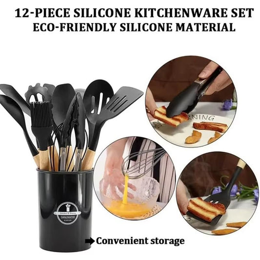 Premium Silicone Cooking Utensil Set - 11-Piece Kitchen Tools with Bamboo Handles
