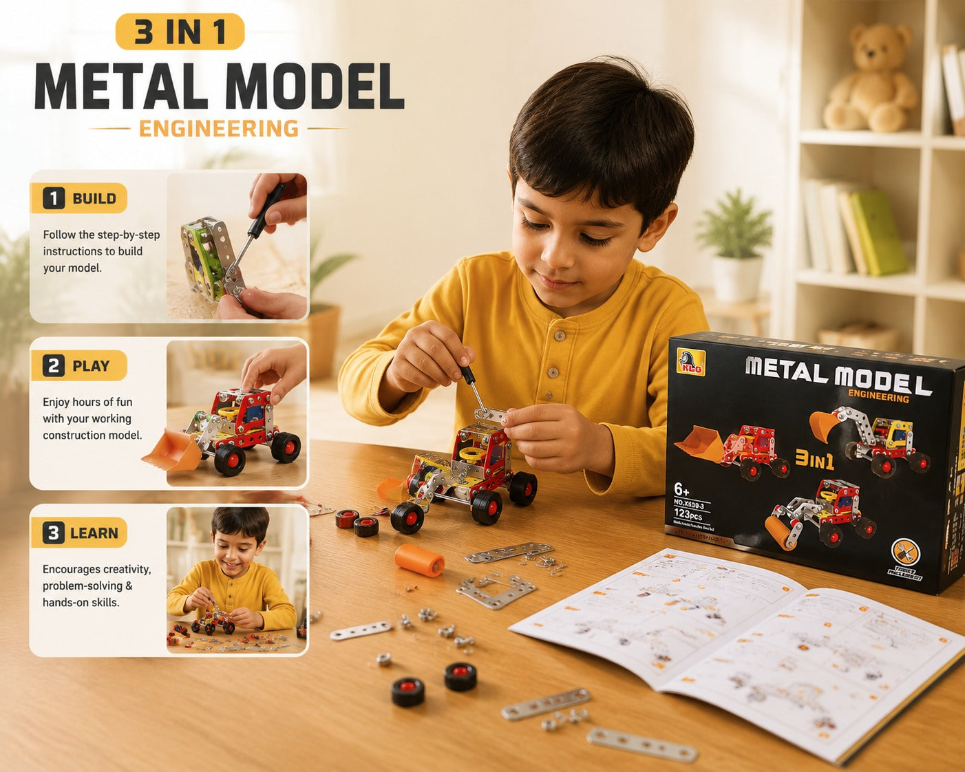 3-in-1 Metal Construction Toy Set for Kids