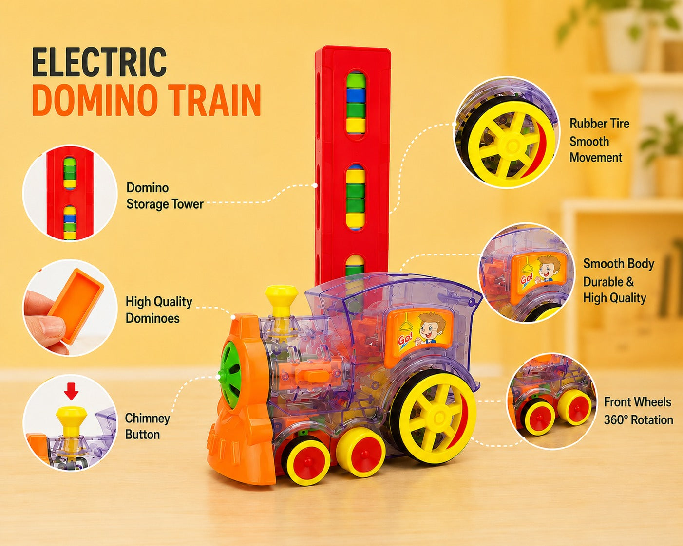 Electric Automatic Domino Train Toy with LED Lights & Sound