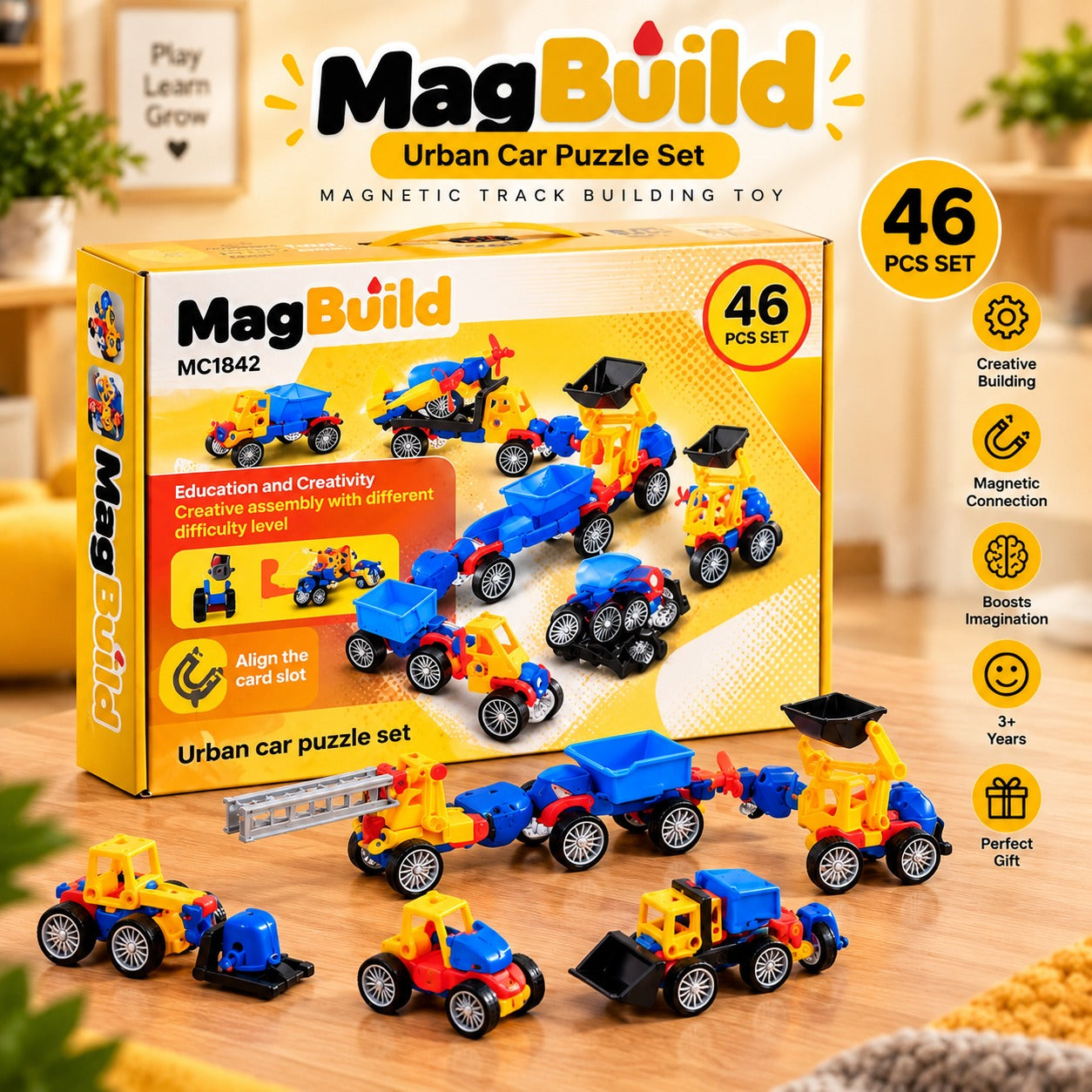 46Pcs Magnetic Construction Vehicle Building Set for Kids | STEM Toy