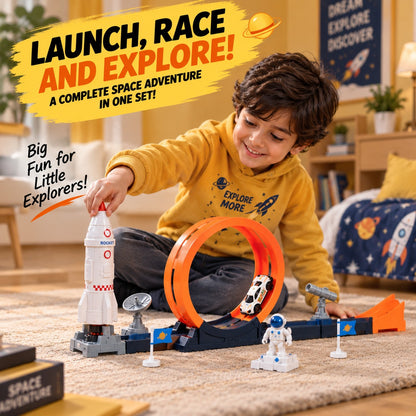 18 Pcs Space Adventure Race Track Toy Set for Kids – DIY Rocket & Loop Car Track