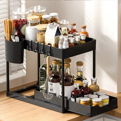 Tier Under Sink Organizer Rack with Sliding Storage (Bathroom & Kitchen)