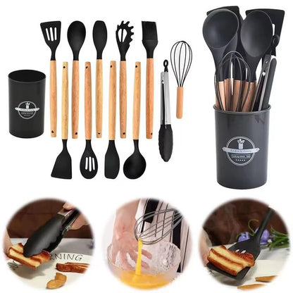 Premium Silicone Cooking Utensil Set - 11-Piece Kitchen Tools with Bamboo Handles