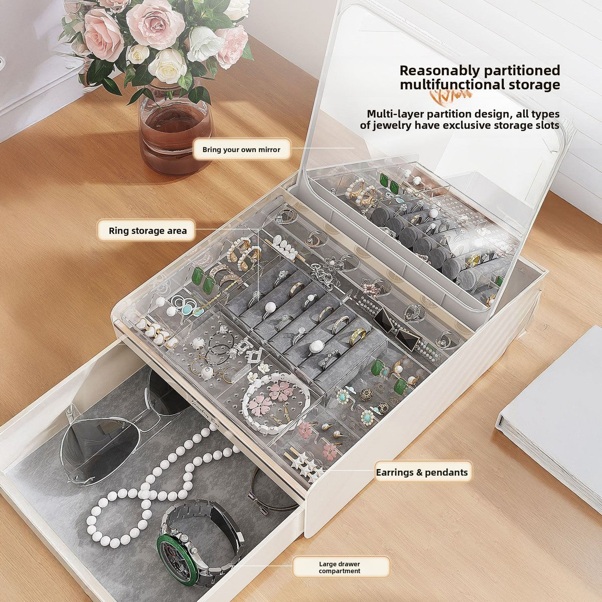 Elegant Jewelry Box Organizer with Built-in Mirror – Perfect for Rings, Necklaces & Watches
