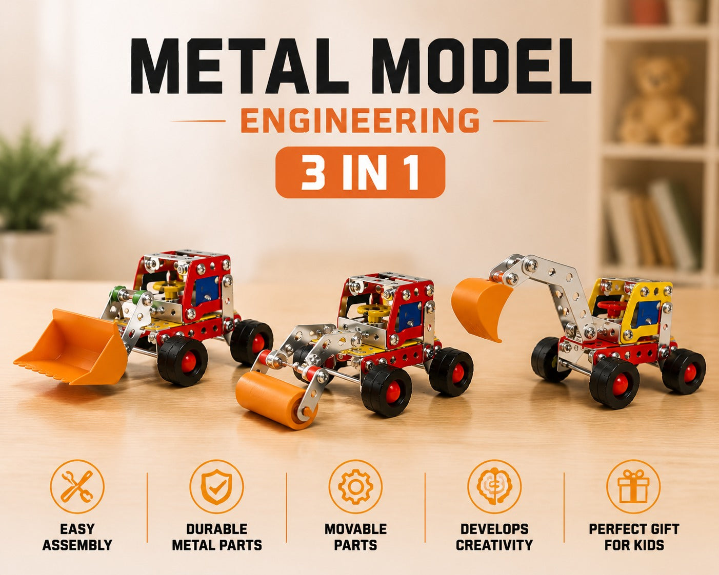 3-in-1 Metal Construction Toy Set for Kids