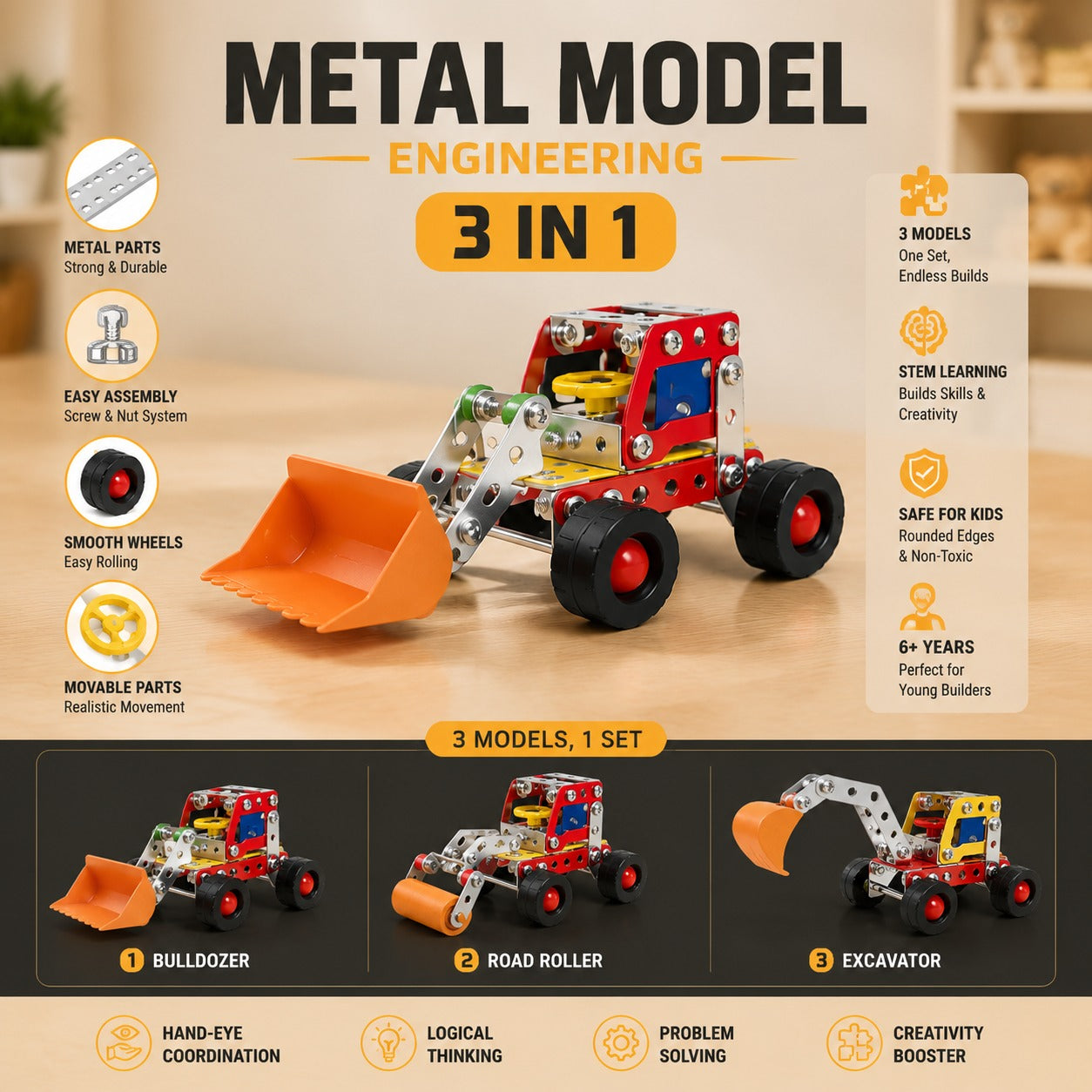 3-in-1 Metal Construction Toy Set for Kids