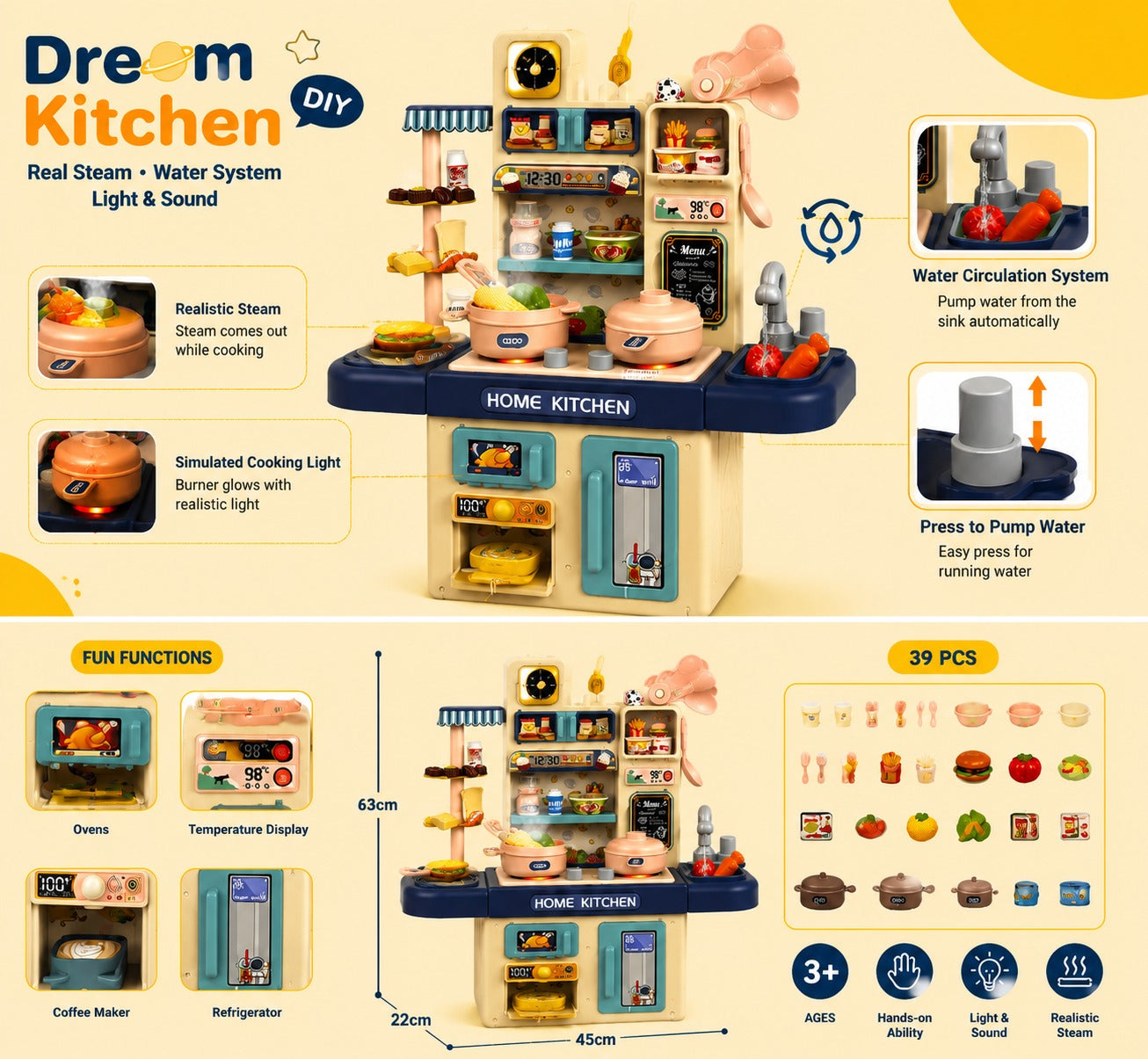 Kids Dream Kitchen Playset with Lights & Steam