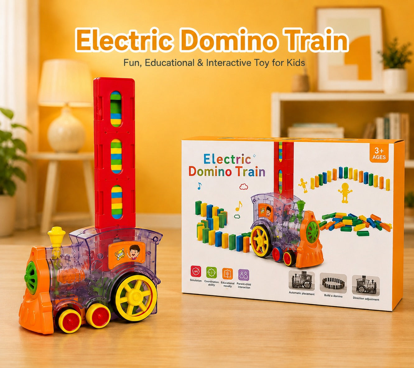 Electric Automatic Domino Train Toy with LED Lights & Sound