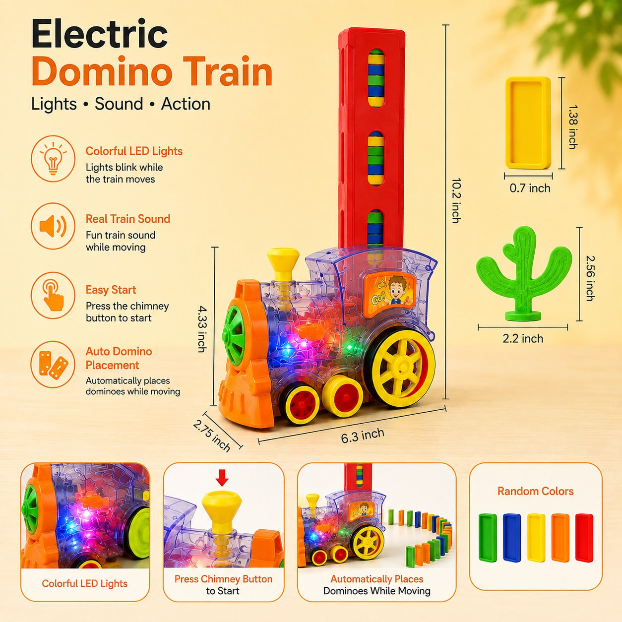 Electric Automatic Domino Train Toy with LED Lights & Sound