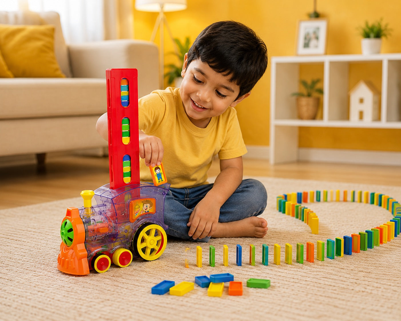 Electric Automatic Domino Train Toy with LED Lights & Sound
