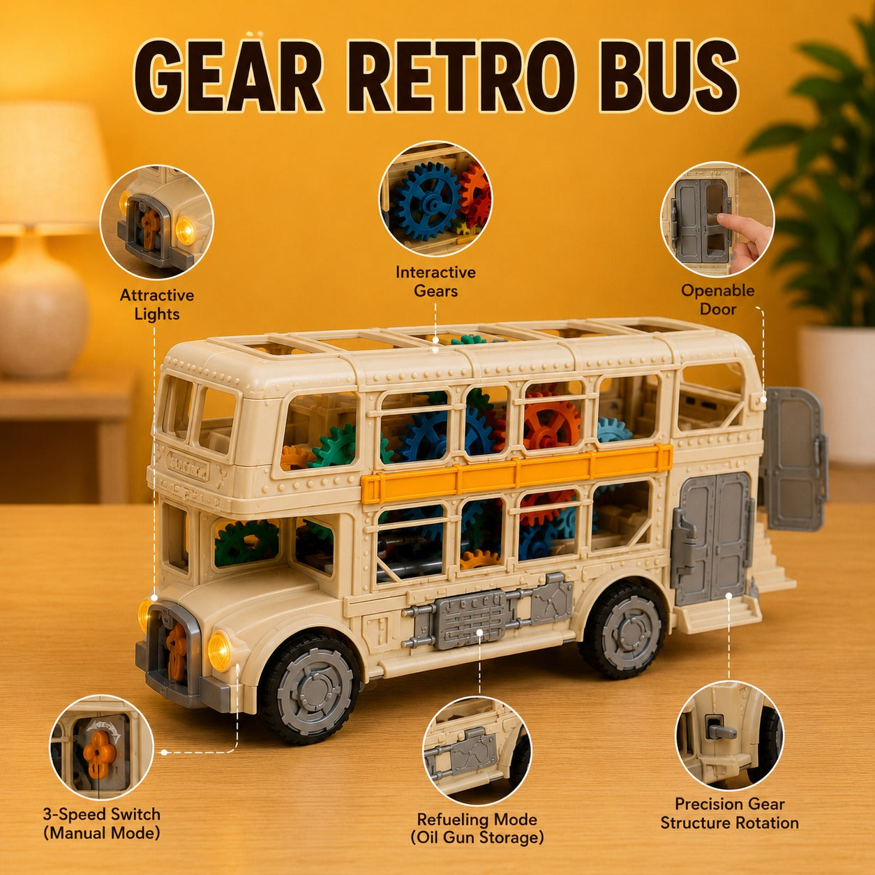 3-Speed Gear Bus Toy for Kids with LED Lights & Moving Gears