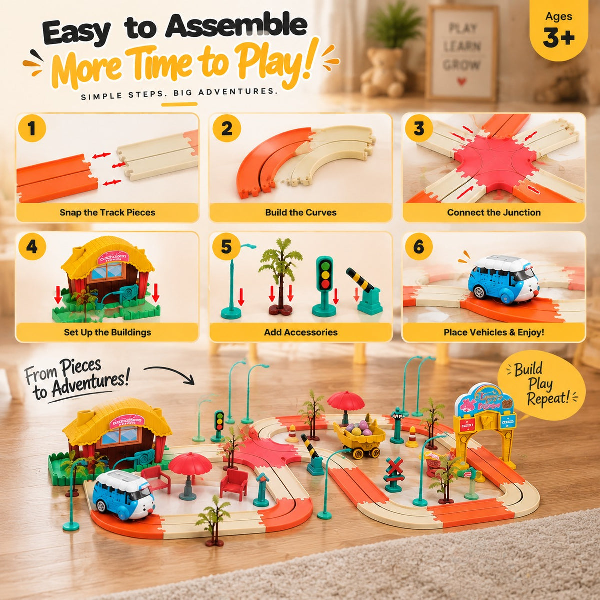 Kids Racing Track Toy Set | DIY Car Track Building Kit with Vehicles & Accessories