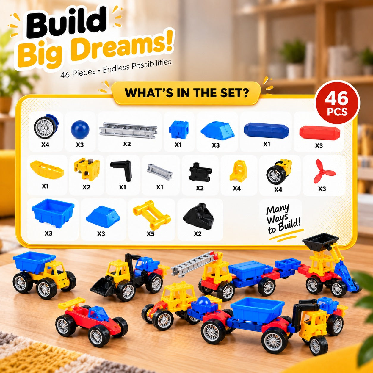 46Pcs Magnetic Construction Vehicle Building Set for Kids | STEM Toy