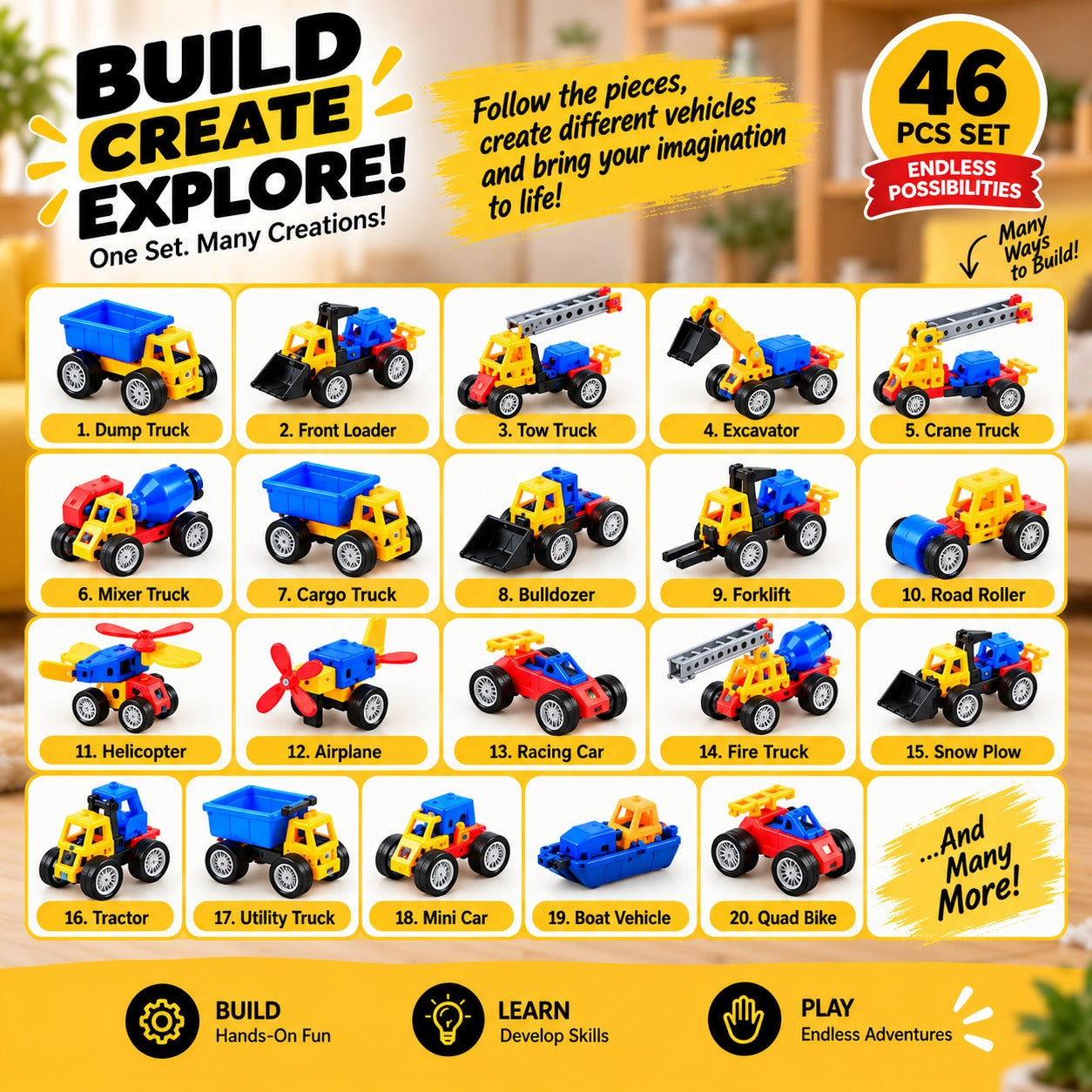 46Pcs Magnetic Construction Vehicle Building Set for Kids | STEM Toy