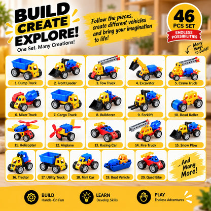 46Pcs Magnetic Construction Vehicle Building Set for Kids | STEM Toy