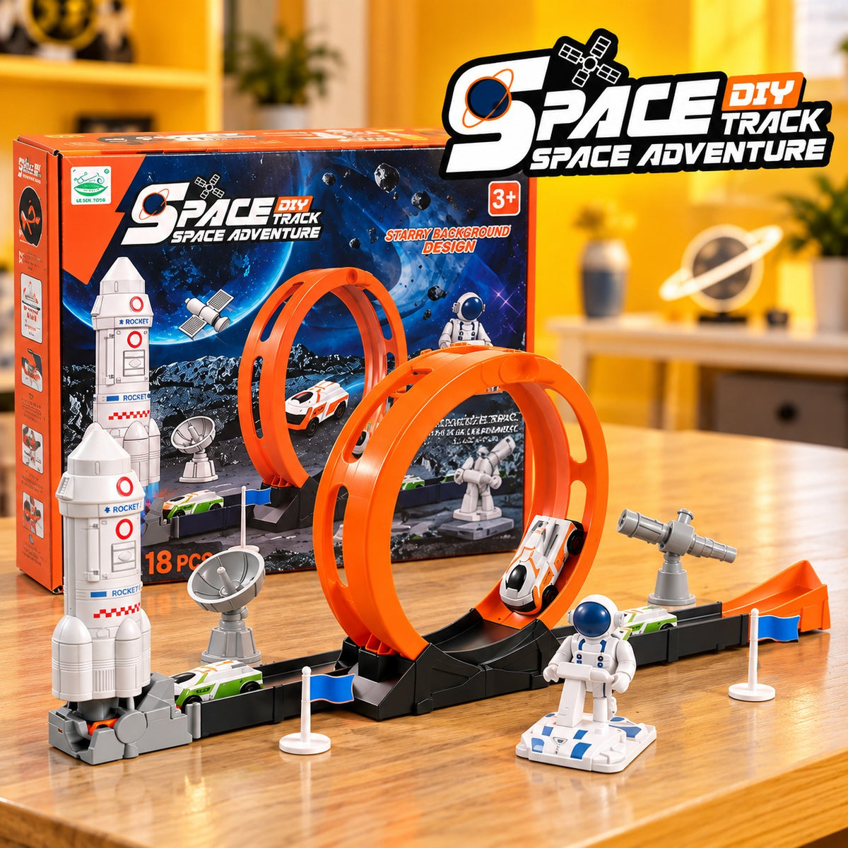 18 Pcs Space Adventure Race Track Toy Set for Kids – DIY Rocket & Loop Car Track