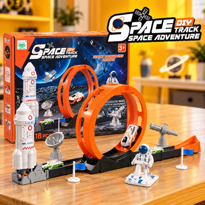 18 Pcs Space Adventure Race Track Toy Set for Kids – DIY Rocket & Loop Car Track