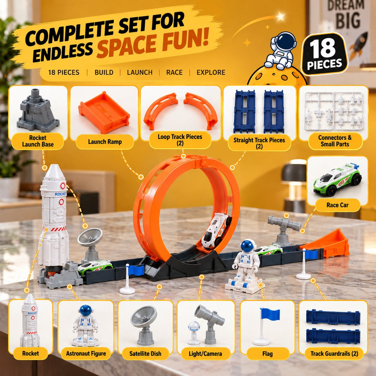 18 Pcs Space Adventure Race Track Toy Set for Kids – DIY Rocket & Loop Car Track
