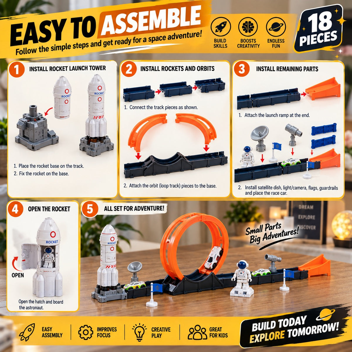 18 Pcs Space Adventure Race Track Toy Set for Kids – DIY Rocket & Loop Car Track