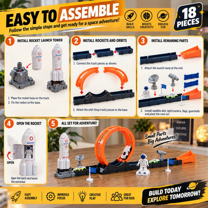 18 Pcs Space Adventure Race Track Toy Set for Kids – DIY Rocket & Loop Car Track
