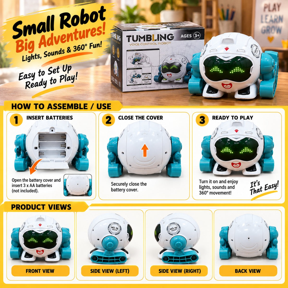Voice Control Robot Toy for Kids – Dancing, LED Lights & Music