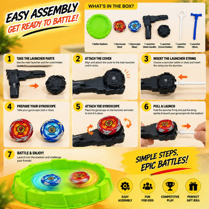 Gyro Battle Top Stadium Set For Kids | Spinning Beyblade Launcher Game With Arena & 2 Battle Tops