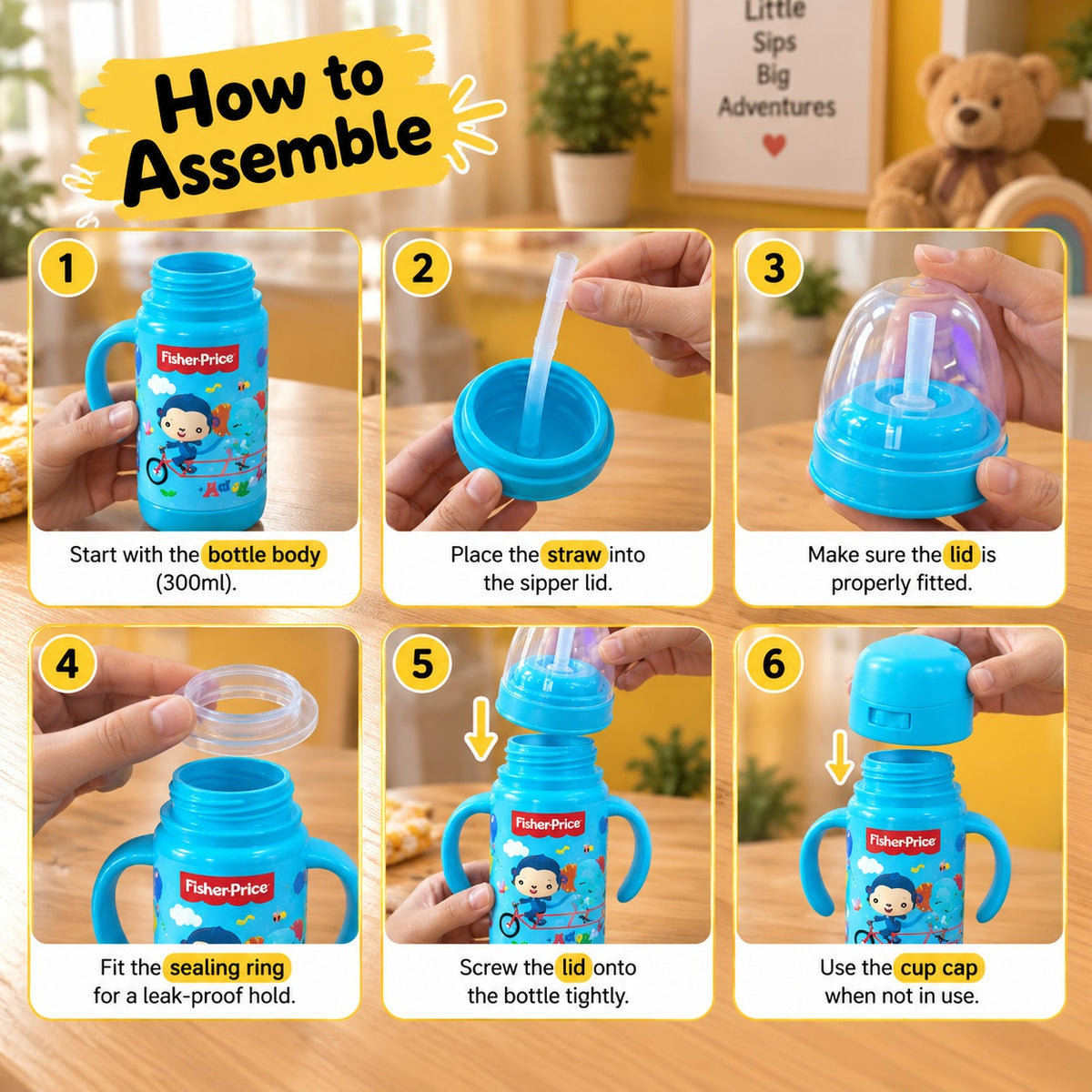 Fisher-Price Kids Sipper Water Bottle 300ml – Straw Bottle with Handles & Strap