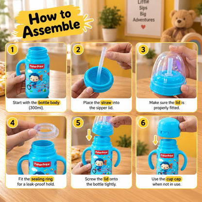 Fisher-Price Kids Sipper Water Bottle 300ml – Straw Bottle with Handles & Strap