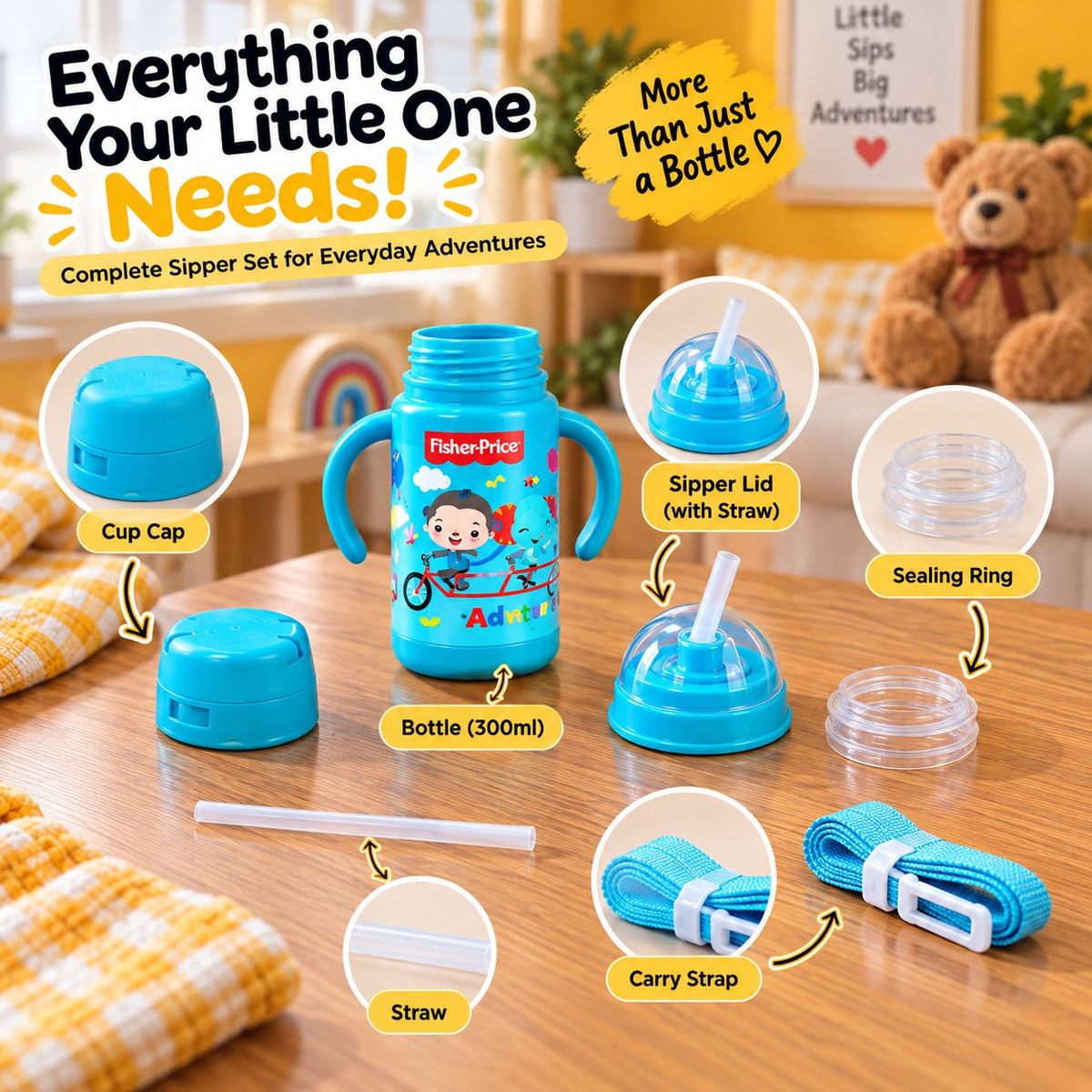 Fisher-Price Kids Sipper Water Bottle 300ml – Straw Bottle with Handles & Strap