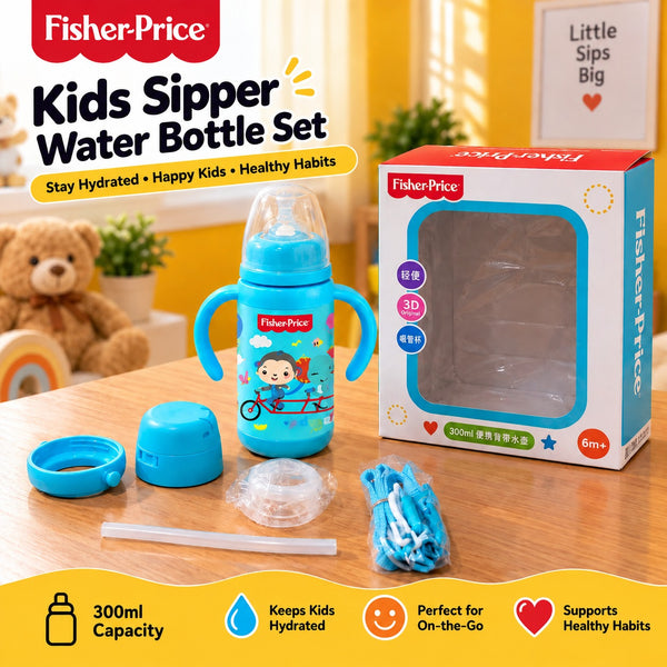 Fisher-Price Kids Sipper Water Bottle 300ml – Straw Bottle with Handles & Strap
